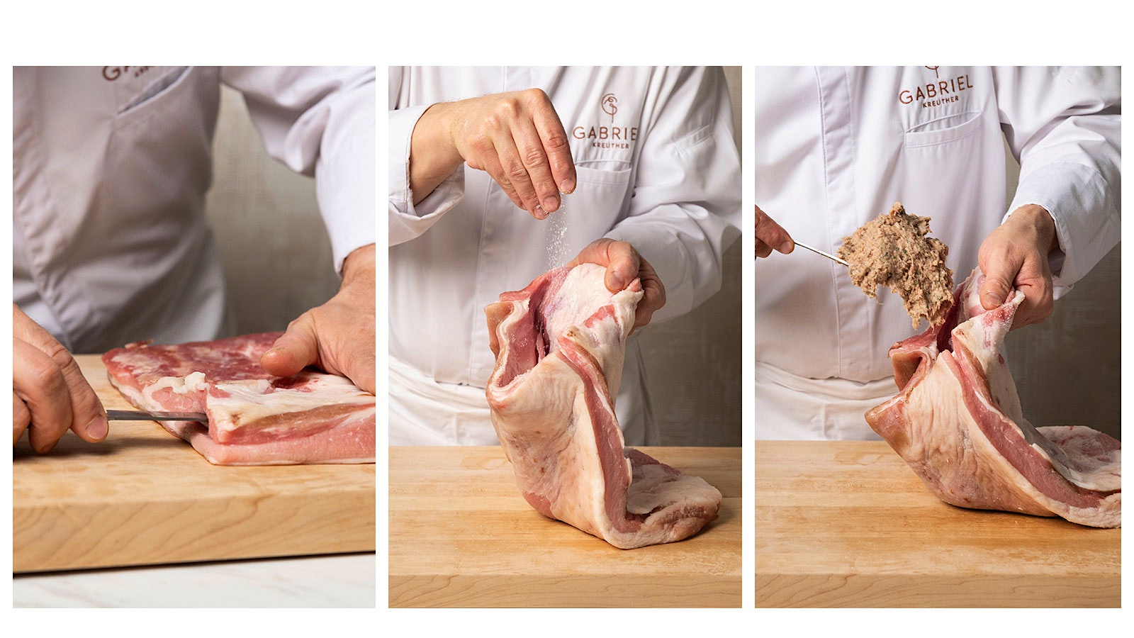 Step-by-step process of chef Gabriel Kreuther stuffing the veal breast